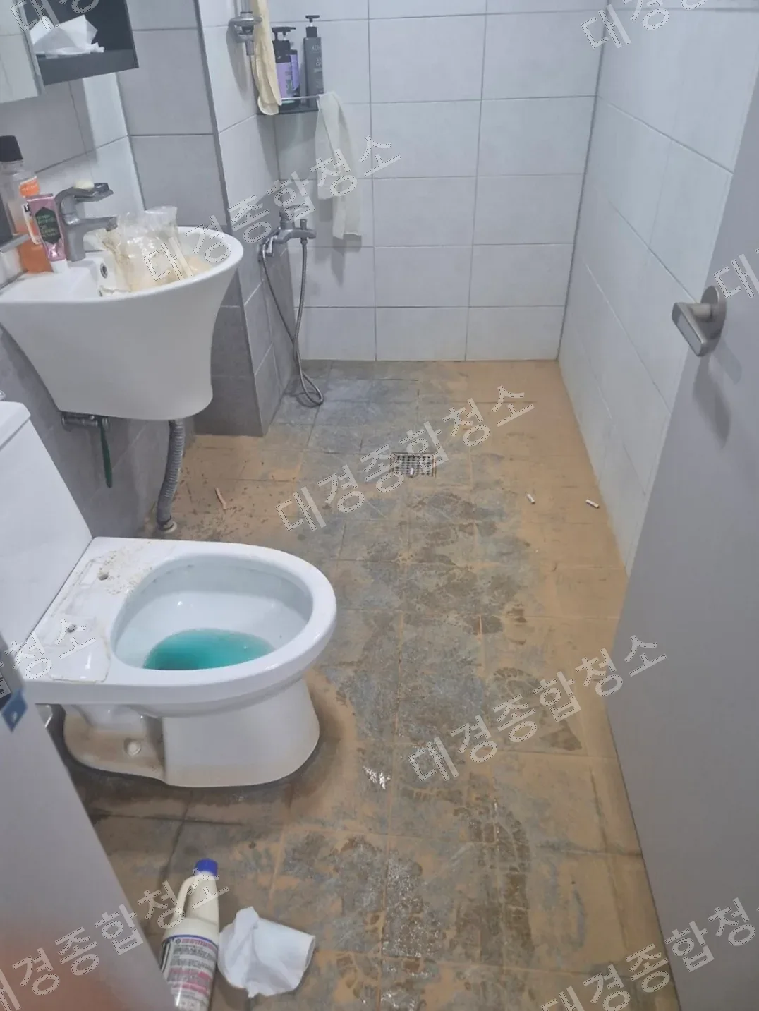 수해로 토사가 덮인 화장실 바닥과 오염된 변기